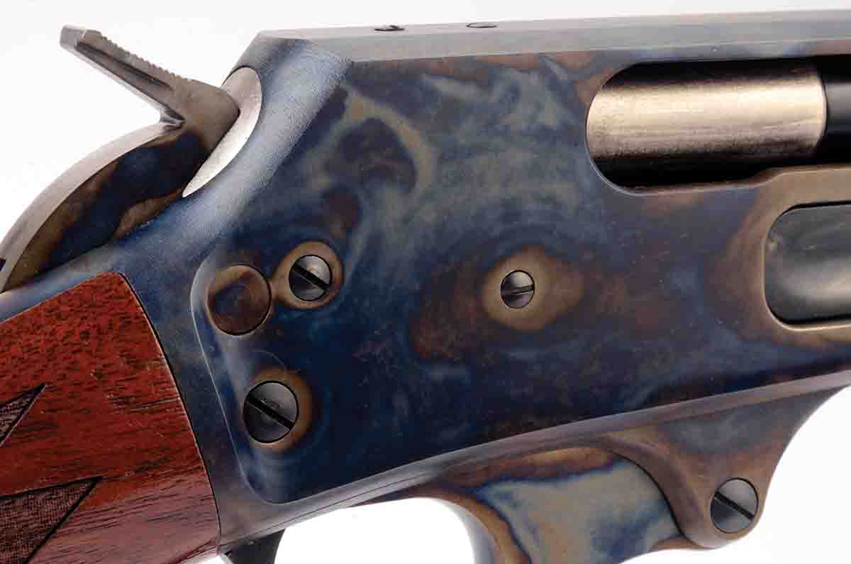 Turnbull Restoration removed the Marlin safety button at the rear of the receiver and filled it with a color case hardened plug. The half-cock notch on the hammer was retained.